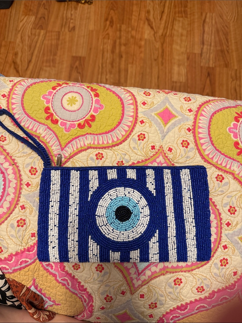 Beaded Evil Eye Wristlet Clutch in Royal Blue and White